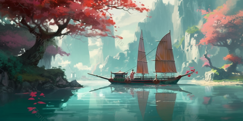 红色枫叶游船山水插画背景,插画/手绘图,插画/手绘图库,插画/手绘图下载,插画/手绘
